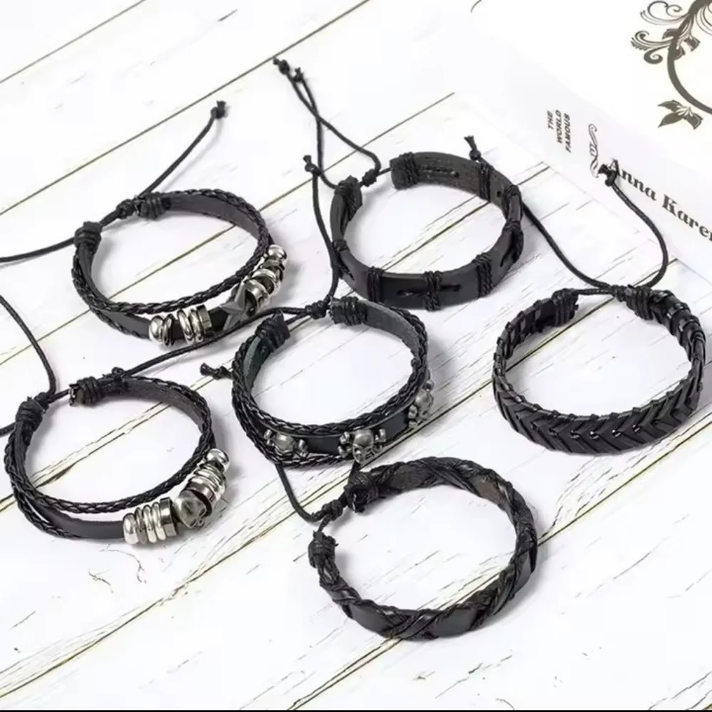 Men's Leather Bracelets Set Black Skulls‎ Stars Layered New f88